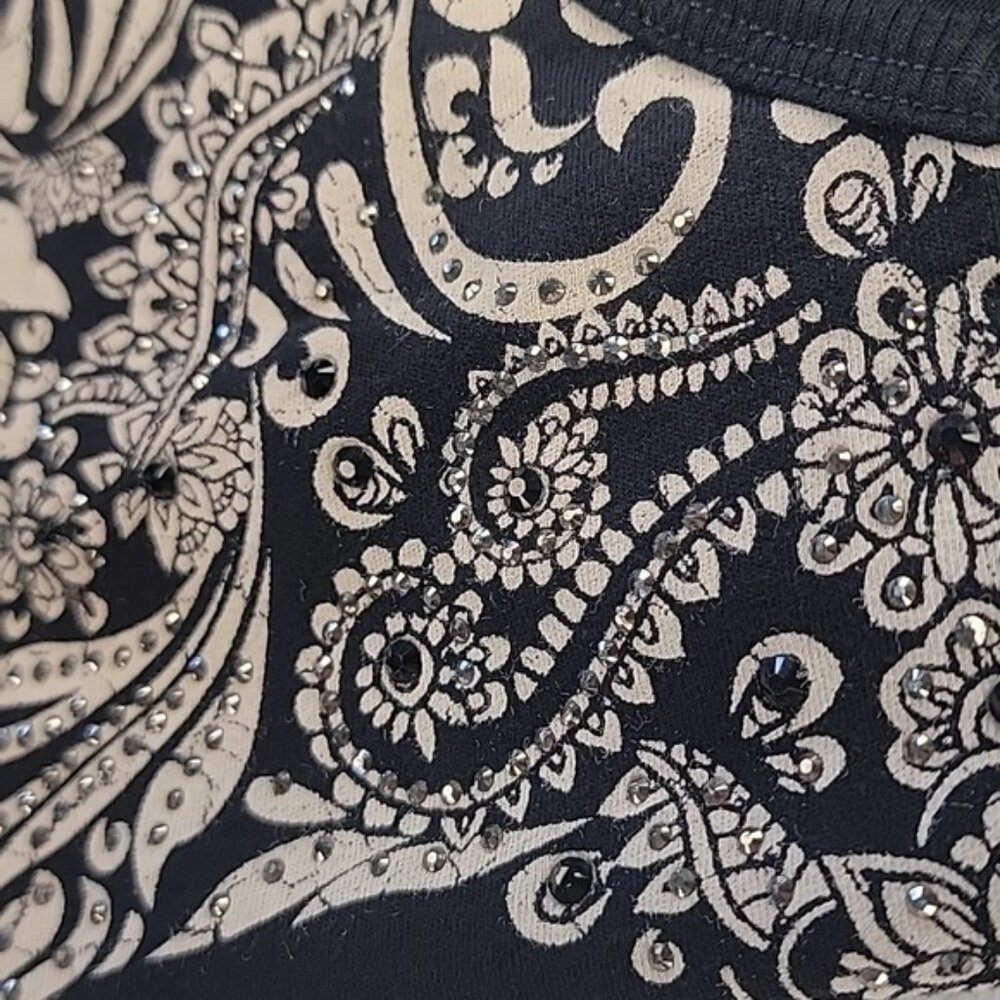VOCAL Black Ivory Rhinestone Paisley Floral Skull‎ Graphic Biker Punk Tank Top L - Picture 4 of 8